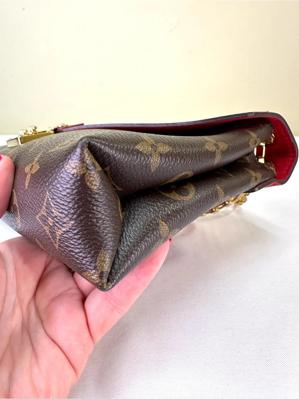 Louis Vuitton Monogram Pallas Chain Bag coated canvas red leather trim COA